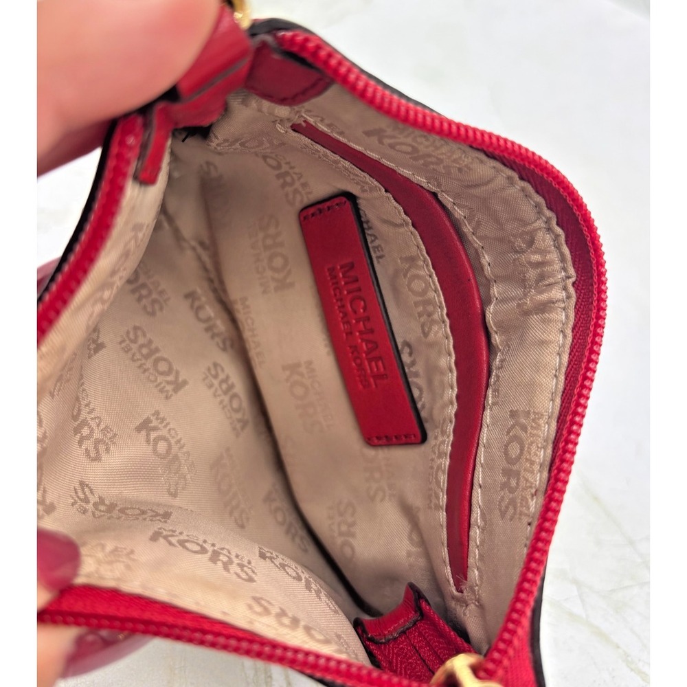 Michael Kors Jacquard Monagram Wristlet Mini Bag Red Leather Signature Lining - Picture 11 of 16